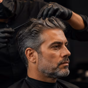 Natural grey blending and ammonia-free hair coloring for men in Oud Metha, Dubai